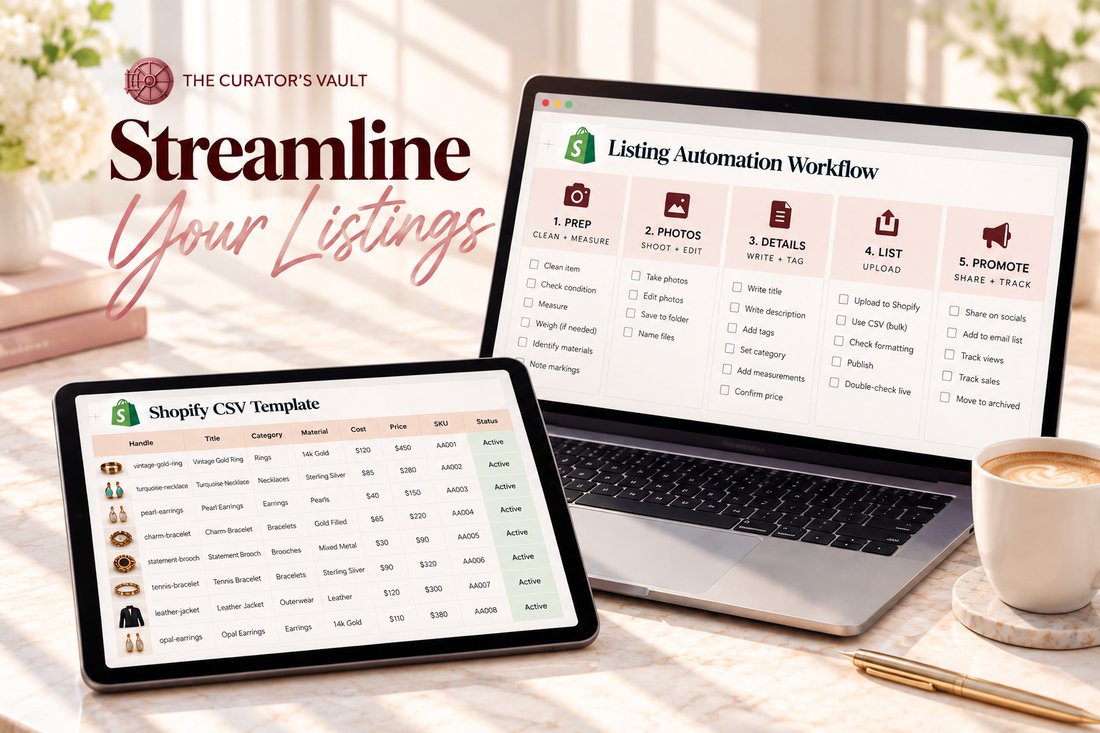 Listing Automation Workflow on a laptop and Shopify CSV Template on a tablet