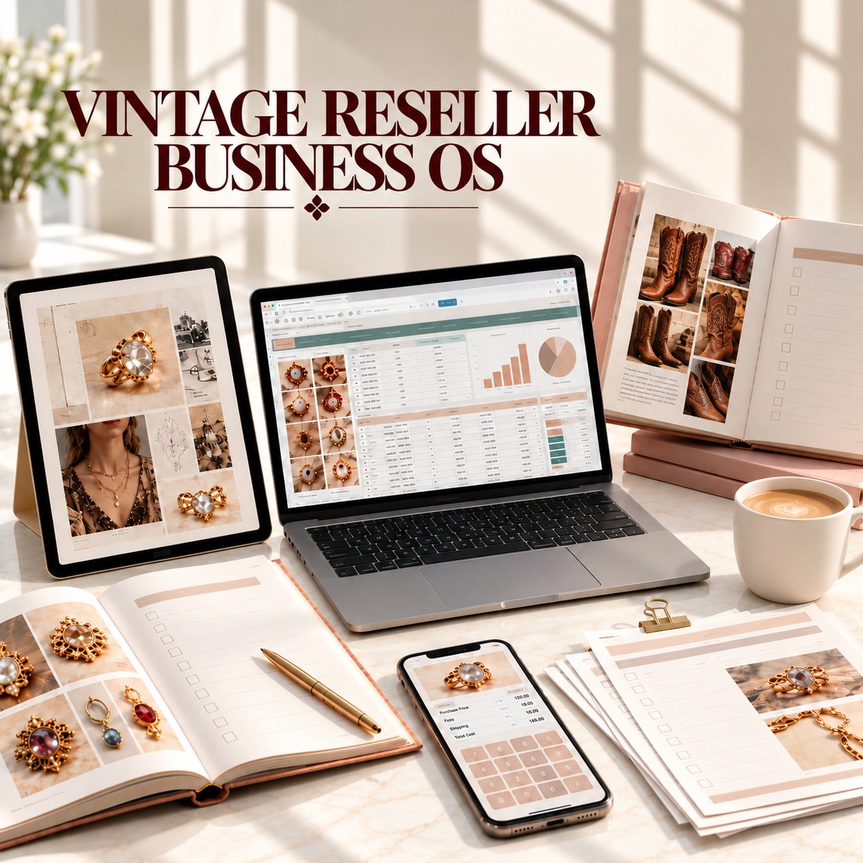 Vintage Reseller Business OS — inventory tracker on a laptop, buying calculator on a phone, and planner pages with vintage jewelry and boots on a marble desk
