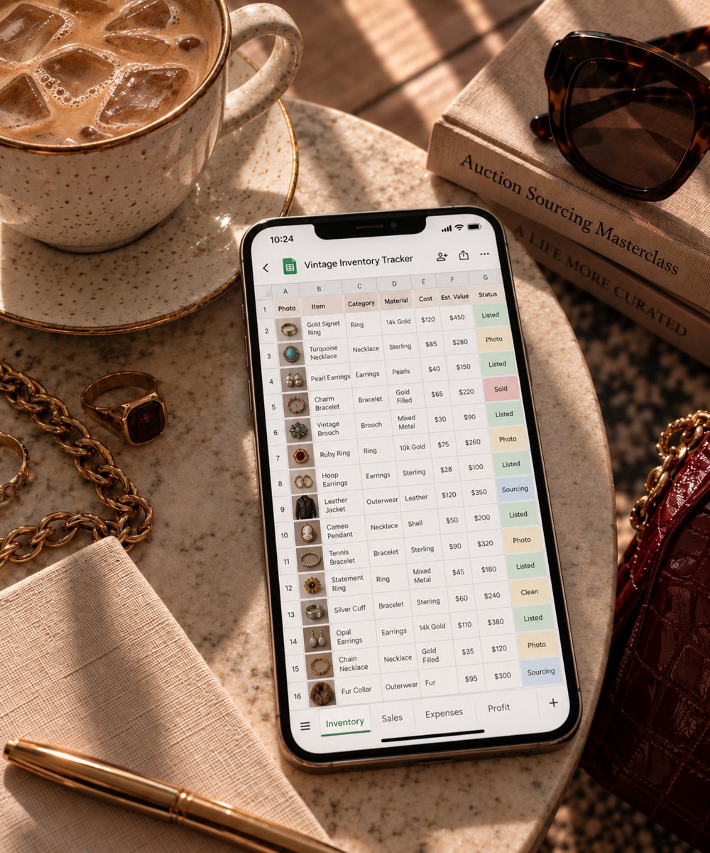 Vintage Inventory Tracker open in Google Sheets on a phone, with item photos, costs, and statuses, styled on a marble table with vintage jewelry
