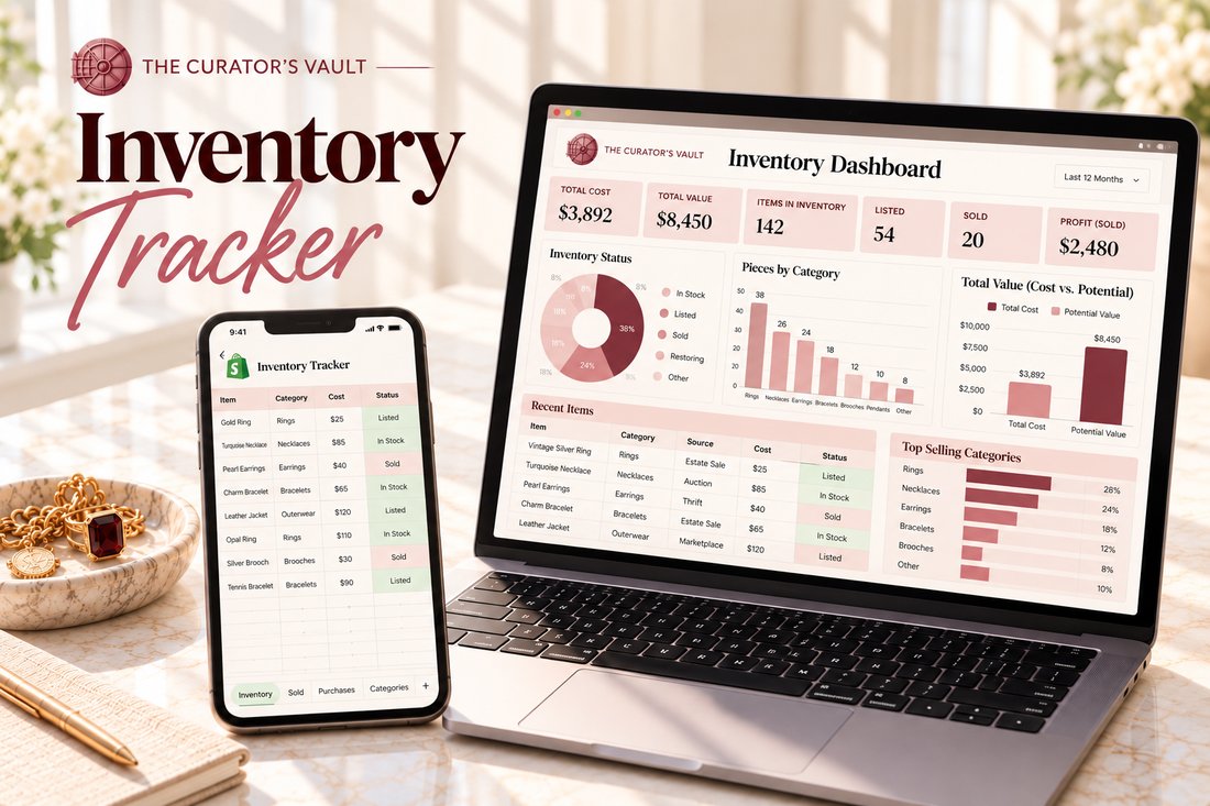 Inventory Tracker on a phone and Inventory Dashboard on a laptop
