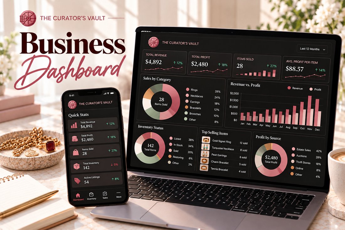 Business Dashboard with revenue and profit charts on a laptop and phone