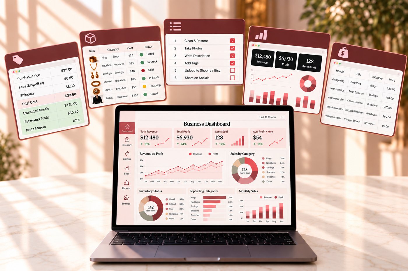 Vintage Reseller OS business dashboard on a laptop, surrounded by the profit calculator, inventory tracker, listing checklist, sales charts and Shopify CSV template