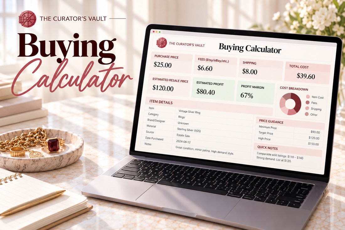 Buying Calculator from The Curator's Vault on a laptop, showing purchase price, fees, profit and margin